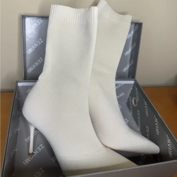 Beige ankle sock boots with heels - Picture 1 of 5